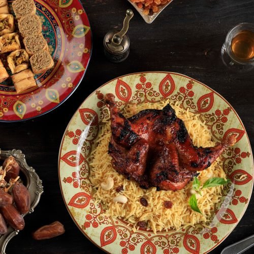 Top View Biryani Rice with Roasted Spiced Chicken